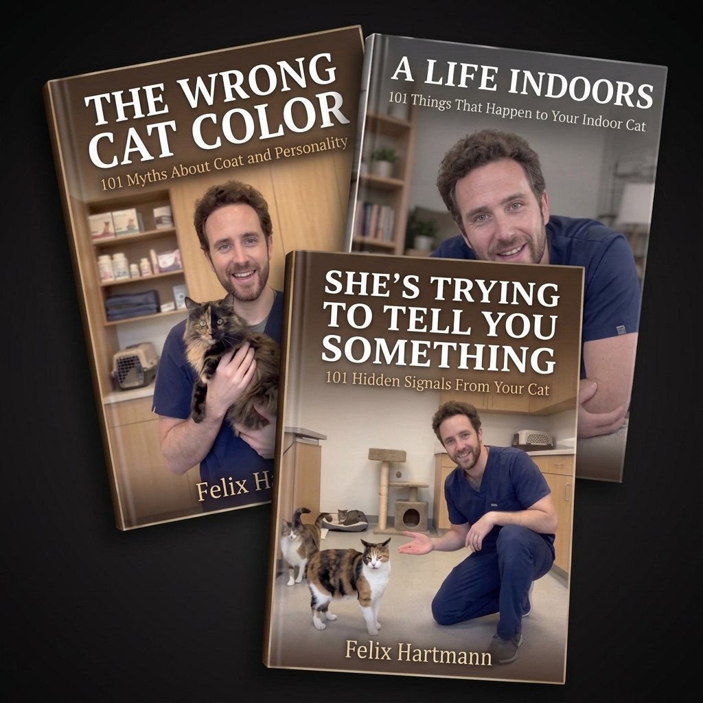 The three ebooks in the What Your Cat Is Secretly Telling You bundle: The Wrong Cat Color, A Life Indoors, and She's Trying to Tell You Something